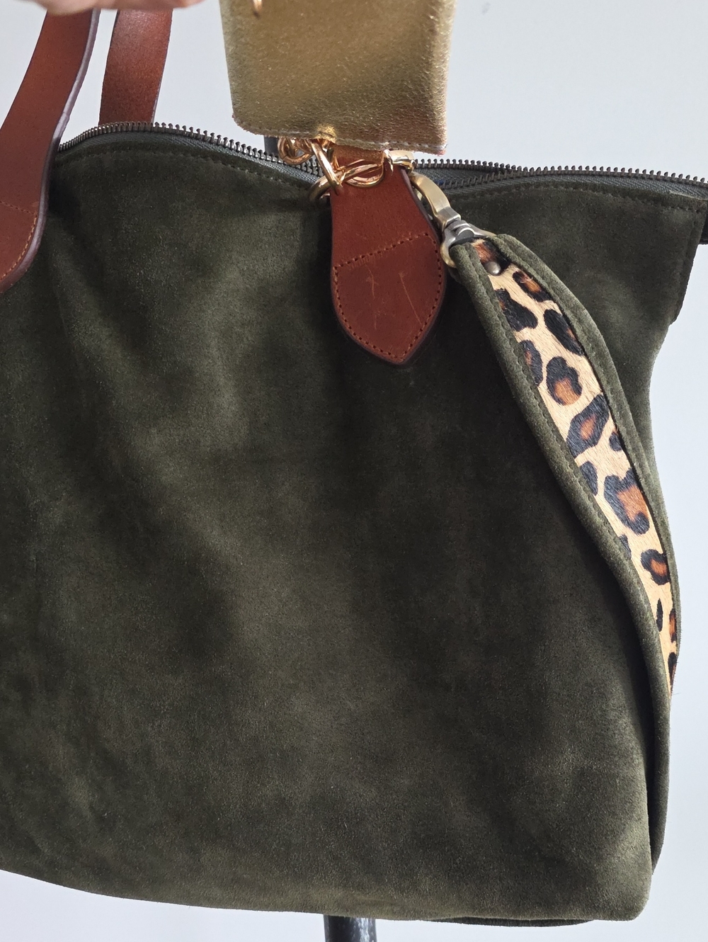 Dark Olive Green Suede Tote Bag - Picture 3 of 16